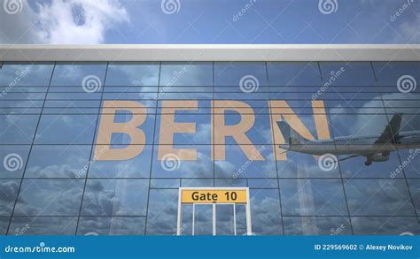 Commercial Airplane Reflecting In Airport Terminal With Bern Text 3d