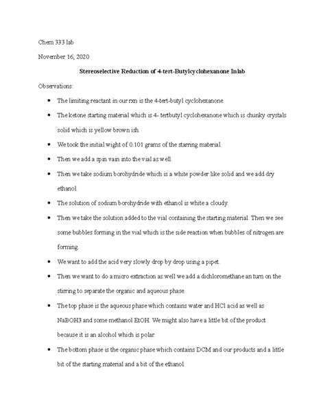 Stereoselective Reduction Inlab Chem Lab November