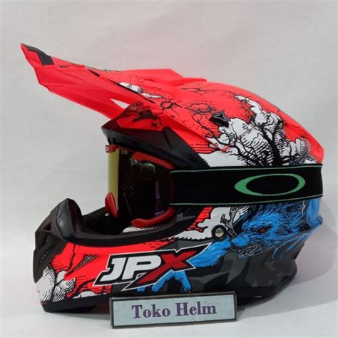 Helm Jpx Cross Fox Motif X Red Fluo Doff Metalic Plus Goggle Inko