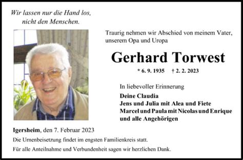 Traueranzeigen Von Gerhard Torwest Trauerportal Ihrer Tageszeitung