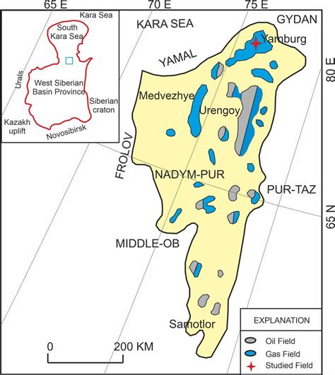 Map of the petroleum regions with oil and gas fields of West Siberian ...