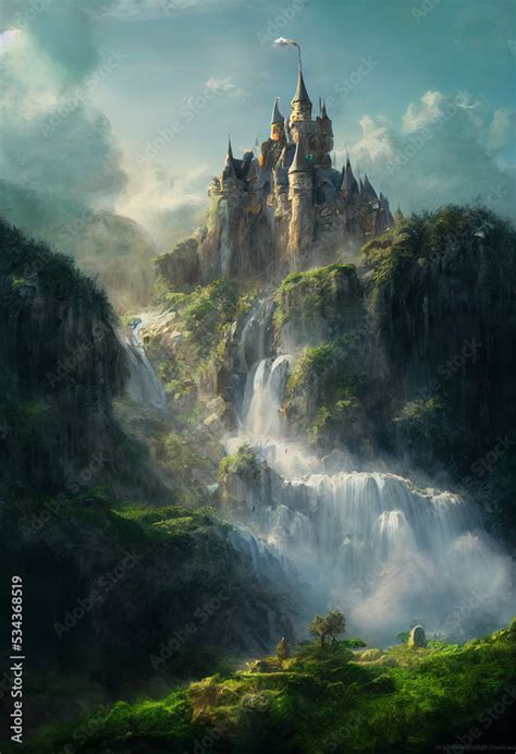 Beautiful castle waterfall illustration Stock Illustration | Adobe Stock