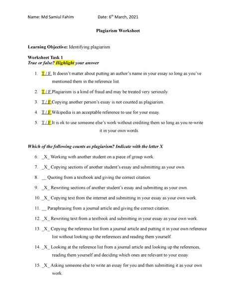 Plagiarism Worksheet Psy L Name Md Samiul Fahim Date Th