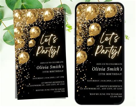 Digital Black Gold Birthday Party Invitation Gold Balloons Gold Glitter Phone Text Message