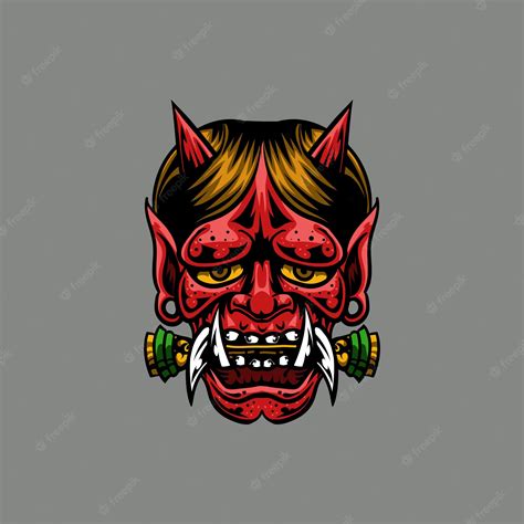 Premium Vector | A red demon mask with horns and horns.