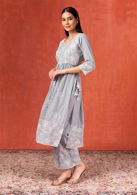 Buy Women Powder Blue Embroidered Cotton Kurta With Pants Set Of