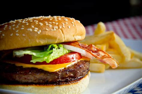 Classic Cheese Burger Side View, Grilled Beef, Veggies and Toasted Bun ...