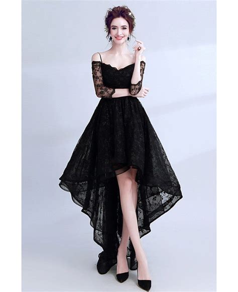 High Low Black Lace Prom Dress Sleeved With Spaghetti Straps Wholesale T69377