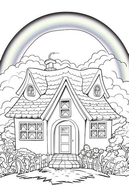 Un Dibujo En Blanco Y Negro De Una Casa Con Un Arco Iris En El Fondo Ai