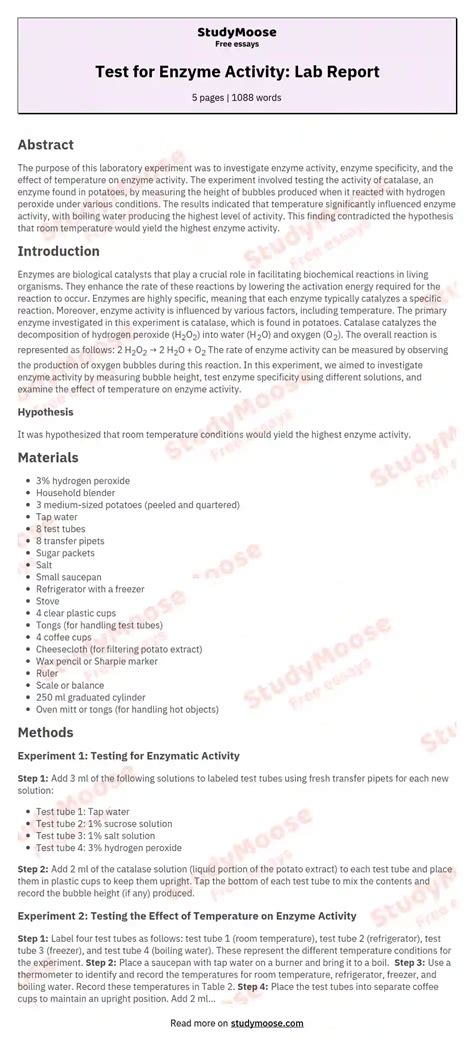 Test For Enzyme Activity Lab Report StudyMoose