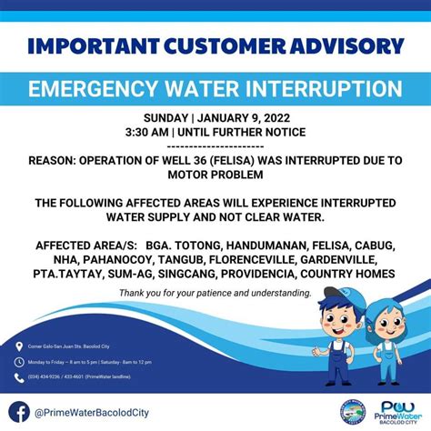 Baciwa Primewater Bacolod City Scheduled Water Interruption January 6