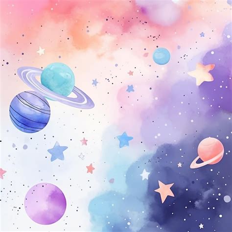 Premium Photo Watercolor Painting Of Planets And Stars With A Pink