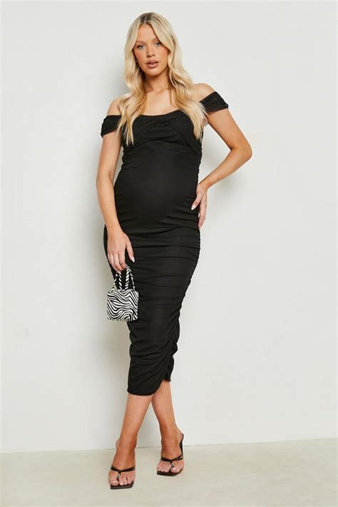 Maternity Bardot Twist Front Mesh Midi Dress Boohoo Uk