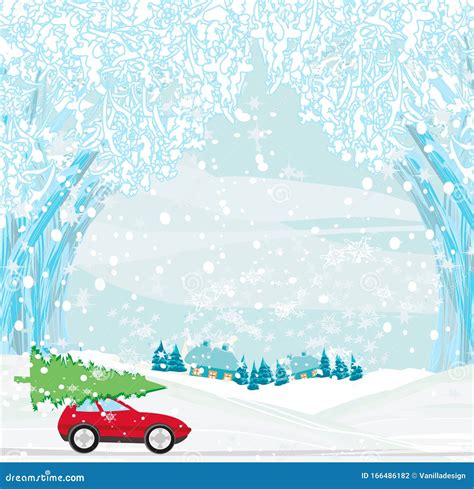 Auto Met Een Kerstboom Op Het Dak Vector Illustratie Illustration Of