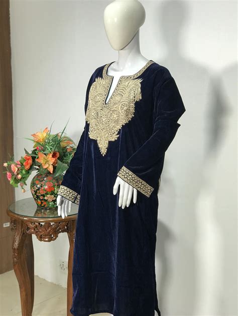 Navy Blue Velvet Phiran With Tilla Embroidery Kashmiri Etsy