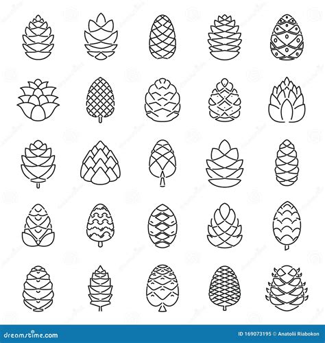 Pine Cone Botanical Icons Set Outline Style Stock Vector