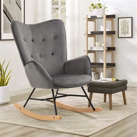 Meubles Cosy Fauteuil Bascule Scandinave En Velours Gris Fonc Avec