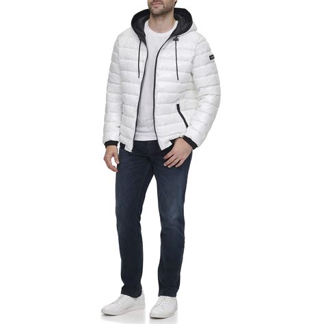 Calvin Klein Fleece Hooded Lightweight Water Resistant Packable Down Puffer Jacket In White For