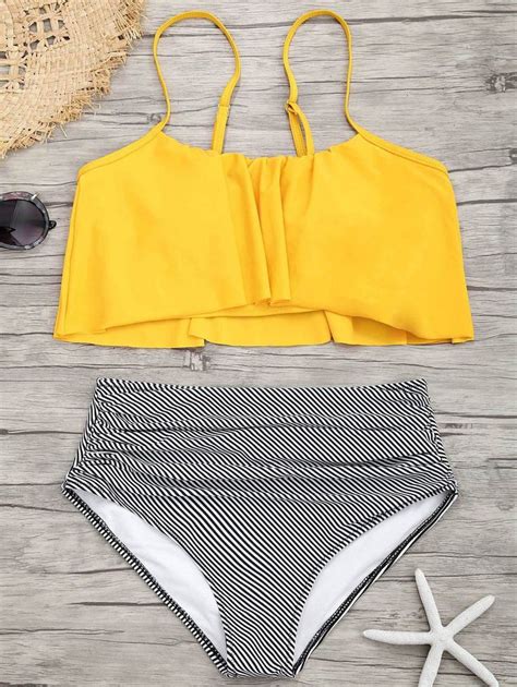 Flounce Spaghetti Strap Striped Bikini Set Cute Swimsuits Trendy