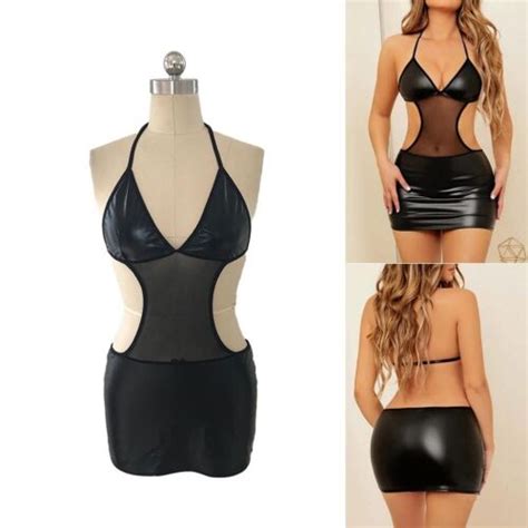 Sexy Womens Faux Leather Bodycon Dress For Nightclub Parties And Evenings Black Ebay