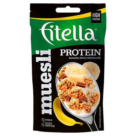 FITELLA PŁATKI MUSLI PROTEIN BANAN CZEKOLADA 50G 16919184822 Allegro pl