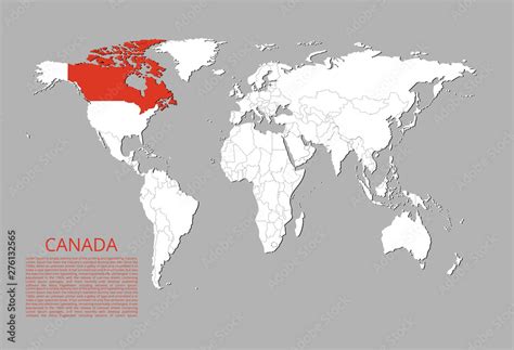 Map Of Canada Highlighted In Red Color On The World Map Stock Vector