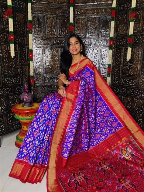 Pure Pochampally Ikkat Silk Saree Blue And Red With Blouse