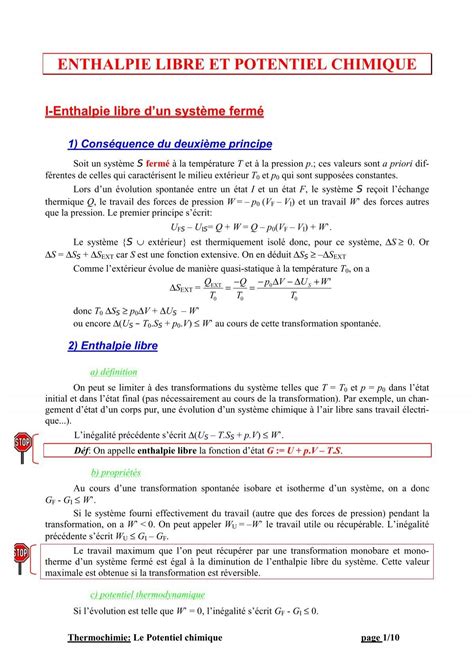 Enthalpie Libre Et Potentiel Chimique