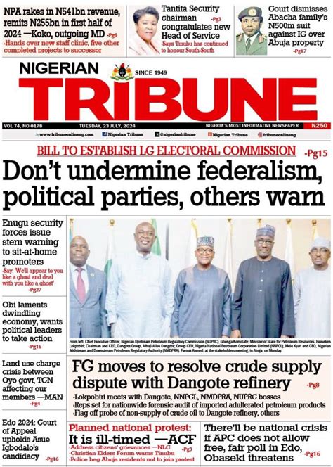 Nigerian Newspapers Daily Front Pages Review Tuesday 23rd July 2024