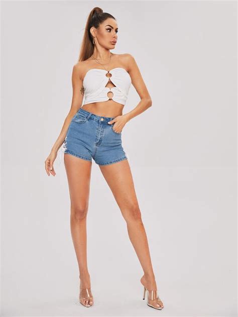 High Waist Lace Up Side Denim Shorts SHEIN EUR