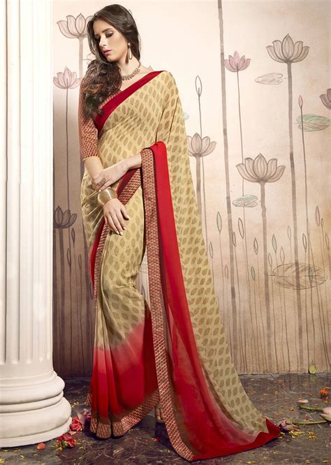 Beige Colored Printed Faux Georgette Saree