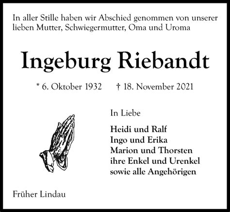 Traueranzeigen Von Ingeburg Riebandt Trauer Anzeigen De