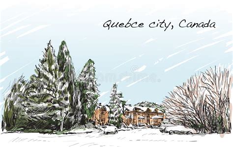 Sketch Cityscape Of Quebec Canada Show Snow And Houses View Stock