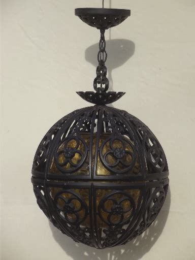 60s Vintage Globe Pendant Light Retro Amber Glass Gothic Spanish Iron