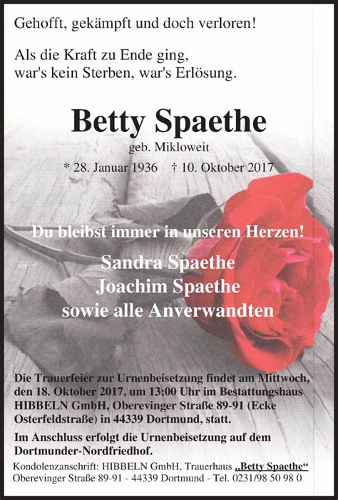 Traueranzeigen Von Betty Spaethe Trauer In NRW De