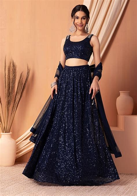 Buy Women Navy Blue Tonal Sequin Embroidered Lehenga Set With