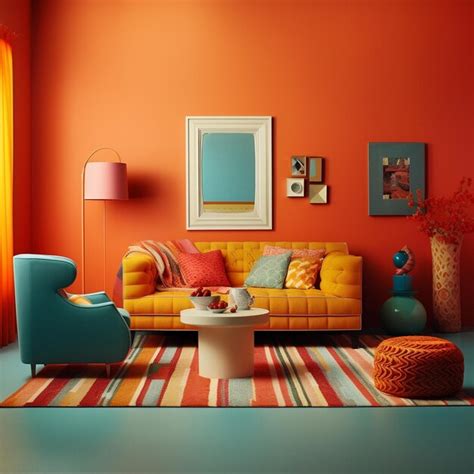 Premium Photo | A living room with a red wall and orange furniture.