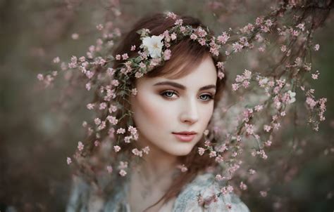 Wallpaper Girl Branches Face Portrait Spring Flowering Flowers