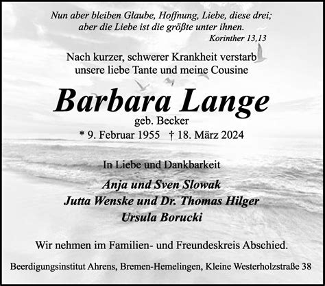 Traueranzeigen Von Barbara Lange Trauer Gedenken