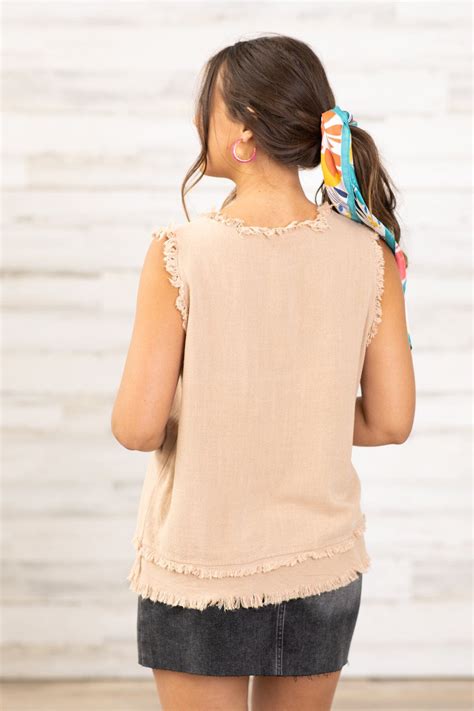 Tan Linen Blend Fray Hem V Neck Tank · Filly Flair