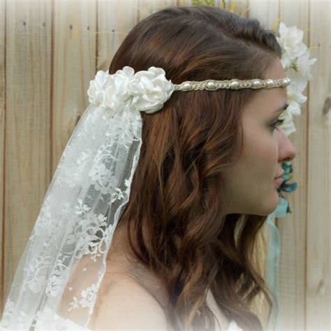 Bohemian Bridal Veil Pearl Headband Roses Ivory Wedding Veil Non