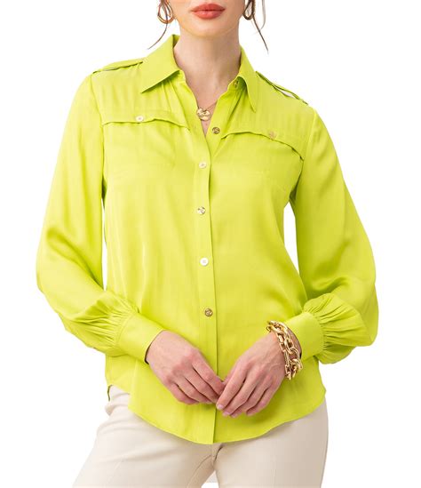 Trina Turk Astoria Stretch Satin Point Collar Long Sleeve Button Front