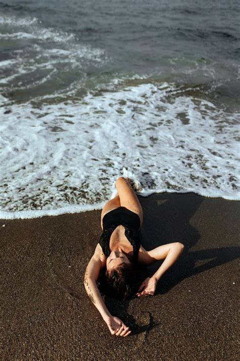 Portrait Of Pretty Beautiful Sport Fashion Woman In Black Bikini Posing