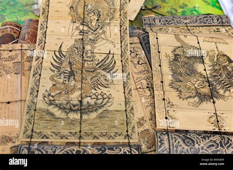 Lontar Book Famous Art On Dried Palm Leaf At Bali Aga Village Stock