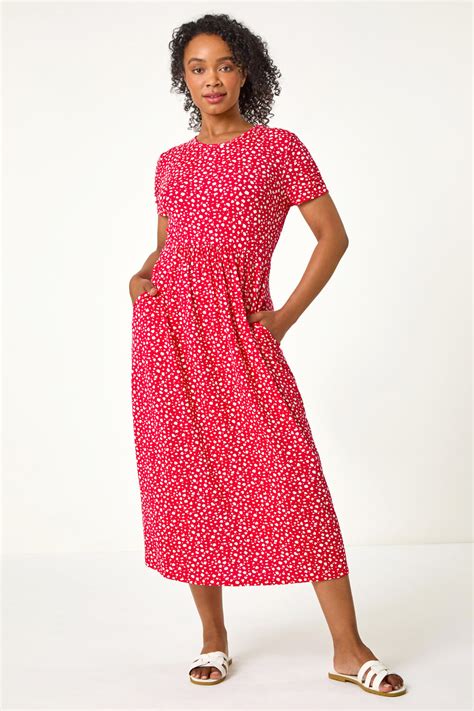 Red Petite Spot Print Stretch Midi Dress Roman Uk