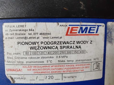 Lemet Emaliowany Pionowy Ogrzewacz Wody Z Grza K L Bojler Warszawa