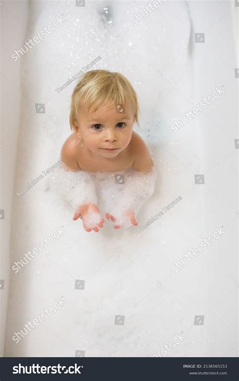 Little Boy Bath Bathroom Child Bathing Stock Photo 2136565153