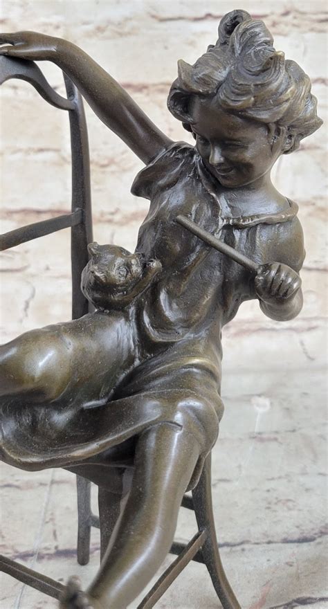 Bronze Child With Cat Over The Chair Bronze Sculpture Signed Iffland