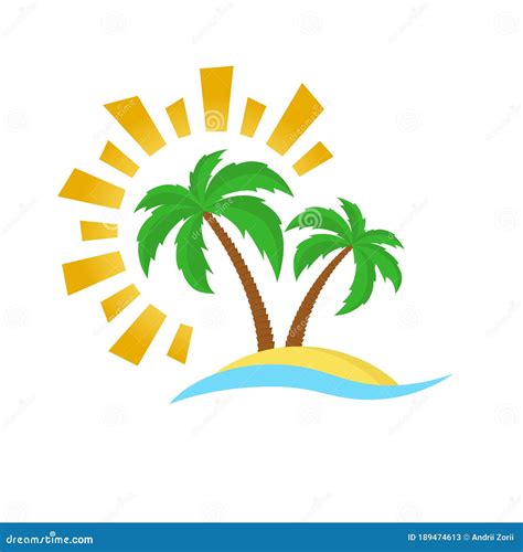 Tropical Palm Trees Island On Sandy Beach With Sun Summer Vacation