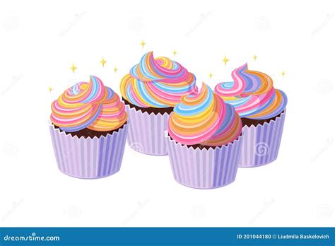 Cupcakes With Swirled Rainbow Icing Tasty Muffins With Colorful Cream Vector Illustration In